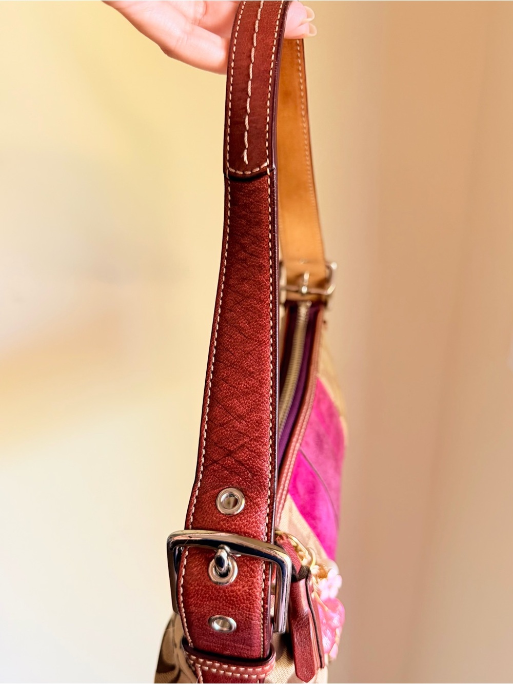 Coach Signature Stripe Demi Baguette shoulder bag pink berry suede - Picture 5 of 8